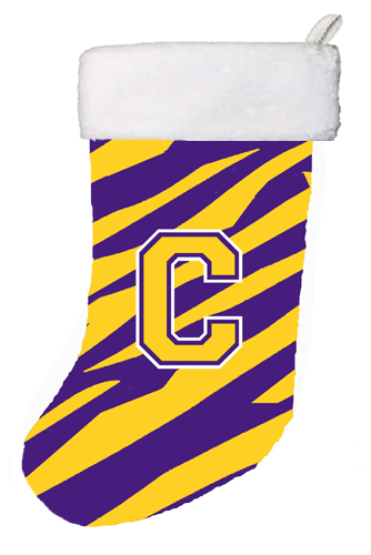CJ1022-C-CS 11 x 18 in. Tiger Stripe - Purple Gold Initial C Initial Monogram Christmas Stocking