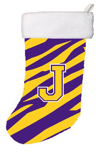 Tiger Stripe - Purple Gold Initial J Monogram Initial Christmas Stocking