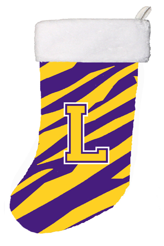 CJ1022-L-CS 11 x 18 in. Tiger Stripe - Purple Gold Initial L Monogram Initial Christmas Stocking