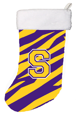 CJ1022-S-CS 11 x 18 in. Tiger Stripe - Purple Gold Initial S Monogram Initial Christmas Stocking