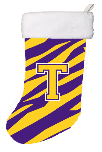 Tiger Stripe - Purple Gold Initial T Monogram Initial Christmas Stocking