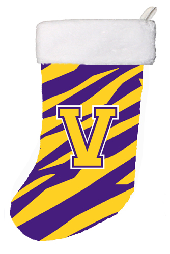 Tiger Stripe - Purple Gold Initial V Monogram Initial Christmas Stocking