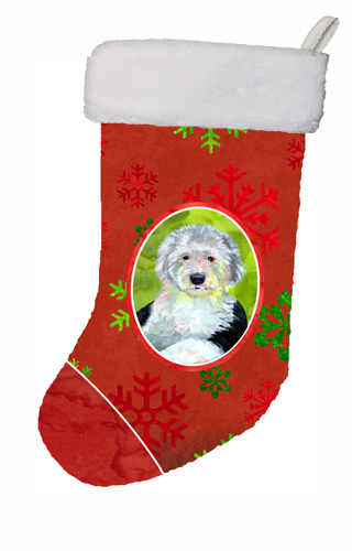 LH9351-CS 11 x 18 in. Old English Sheepdog Red Green Snowflakes Holiday Christmas Stocking