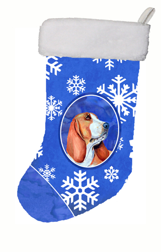 LH9287-CS 11 x 18 in. Basset Hound Winter Snowflakes Snowflakes Holiday Christmas Stocking