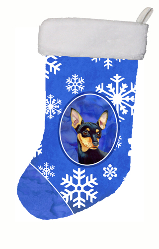 Min Pin Winter Snowflakes Snowflakes Holiday Christmas Stocking 11 x 18 in.