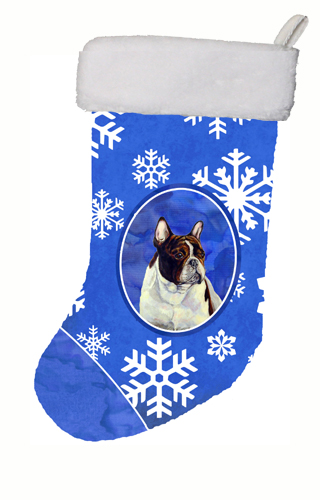 LH9292-CS 11 x 18 in. French Bulldog Winter Snowflakes Snowflakes Holiday Christmas Stocking