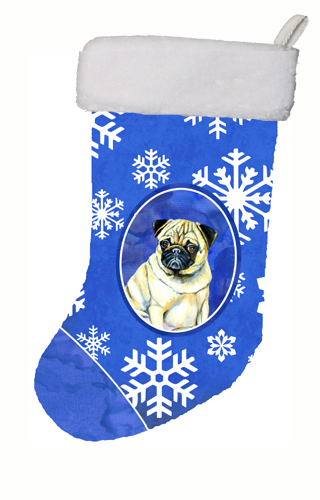 LH9297-CS 11 x 18 in. Pug Winter Snowflakes Snowflakes Holiday Christmas Christmas Stocking