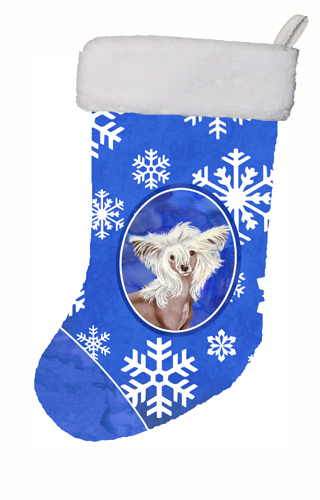 LH9302-CS 11 x 18 in. Chinese Crested Winter Snowflakes Snowflakes Holiday Christmas Stocking