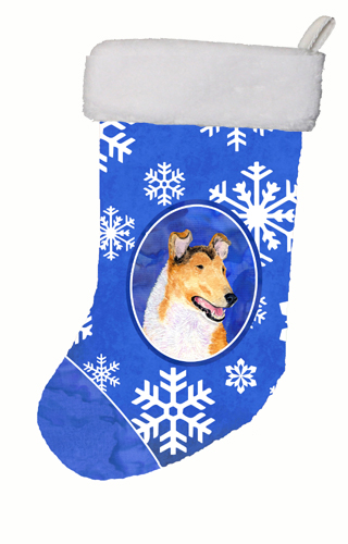 11 W x 8 H in. Collie Smooth Winter Snowflakes Christmas Stocking