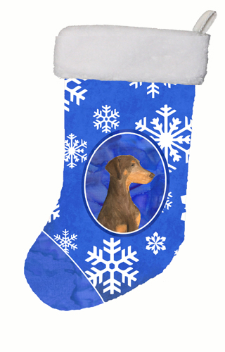 11 W x 8 H in. Doberman Winter Snowflakes Christmas Stocking