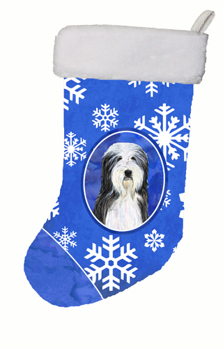 11 W x 8 H in. Bearded Collie Winter Snowflakes Christmas Stocking