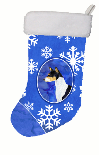 11 W x 8 H in. Basenji Winter Snowflakes Christmas Stocking