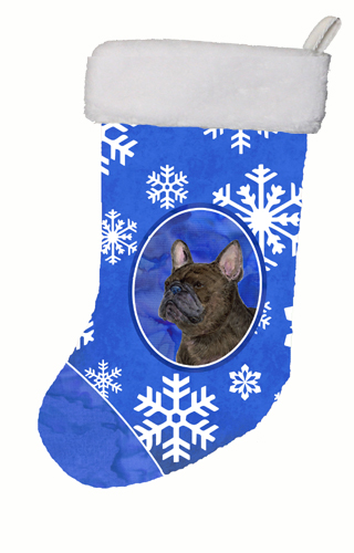 11 W x 8 H in. French Bulldog Winter Snowflakes Christmas Stocking