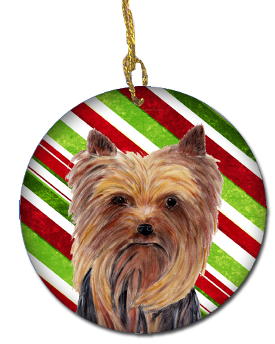 Yorkie Candy Cane Holiday Christmas Ceramic Ornament, 2.81 Dia.