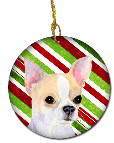 Chihuahua Candy Cane Holiday Christmas Ceramic Ornament, 2.81 Dia.