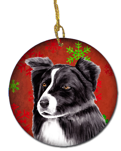 Border Collie Red Snowflakes Holiday Christmas Ceramic Ornament, 2.81 Dia.
