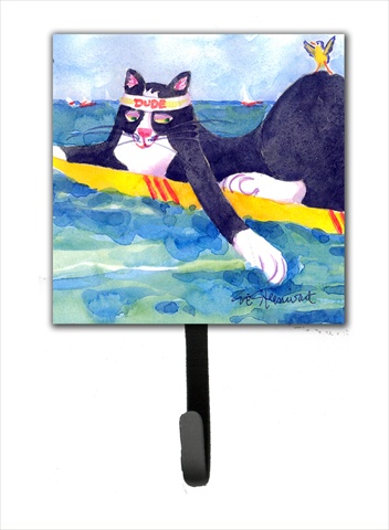 Black And White Cat Surfin Bird Leash Holder Or Key Hook
