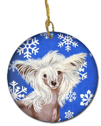 Chinese Crested Winter Snowflake Holiday Ceramic Ornament