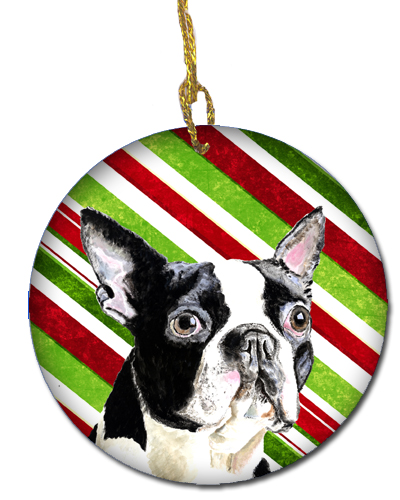 Boston Terrier Candy Cane Holiday Christmas Ceramic Ornament