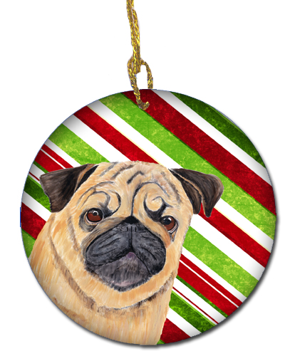 Pug Candy Cane Holiday Christmas Ceramic Ornament