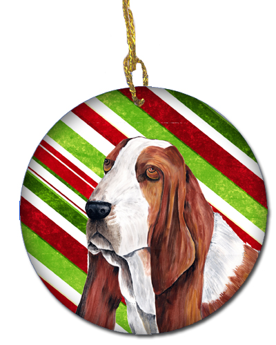 Basset Hound Candy Cane Holiday Christmas Ceramic Ornament