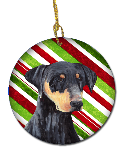 Doberman Candy Cane Holiday Christmas Ceramic Ornament