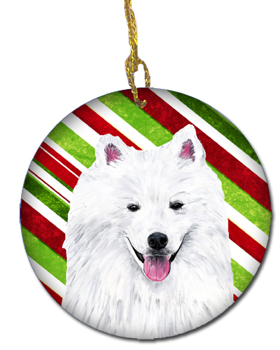 American Eskimo Candy Cane Holiday Christmas Ceramic Ornament