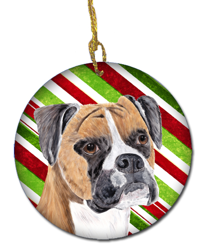 Boxer Candy Cane Holiday Christmas Ceramic Ornament