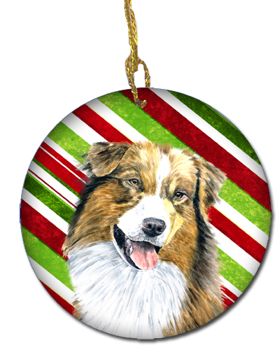 Australian Shepherd Candy Cane Holiday Christmas Ceramic Ornament