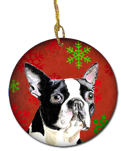 Boston Terrier Red Snowflakes Holiday Christmas Ceramic Ornament