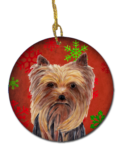 Yorkie Red Snowflakes Holiday Christmas Ceramic Ornament