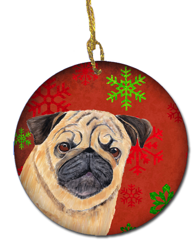 Pug Red Snowflakes Holiday Christmas Ceramic Ornament