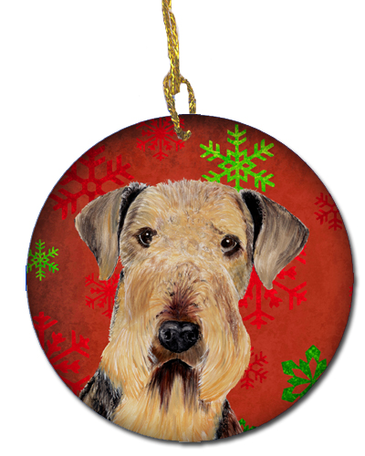 Airedale Red Snowflakes Holiday Christmas Ceramic Ornament