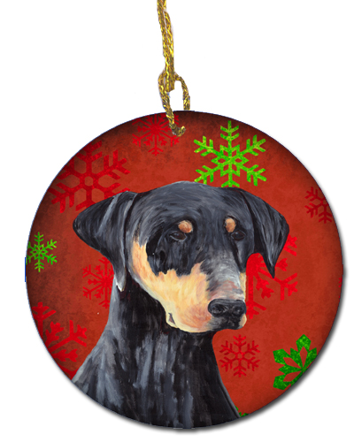 Doberman Red Snowflakes Holiday Christmas Ceramic Ornament