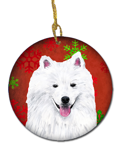 American Eskimo Red Snowflakes Holiday Christmas Ceramic Ornament