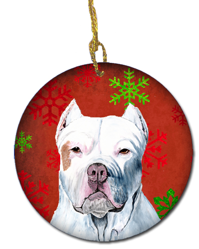 Pit Bull Red Snowflakes Holiday Christmas Ceramic Ornament