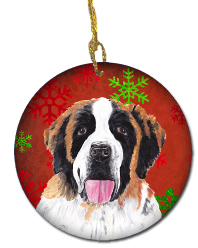 Saint Bernard Red Snowflakes Holiday Christmas Ceramic Ornament