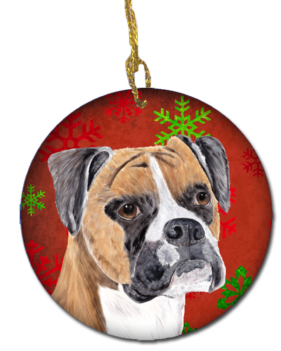 Boxer Red Snowflakes Holiday Christmas Ceramic Ornament