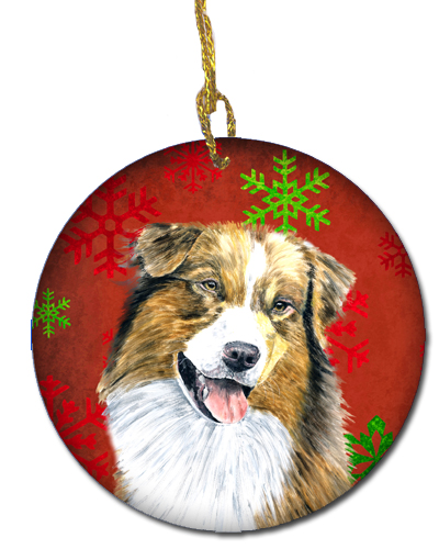 Australian Shepherd Red Snowflakes Holiday Christmas Ceramic Ornament
