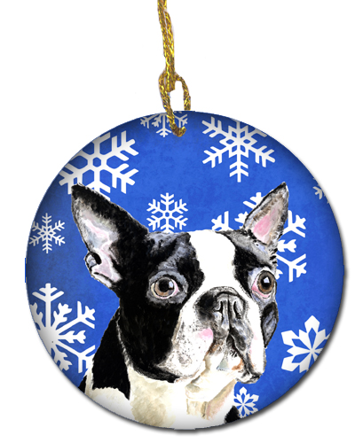 Boston Terrier Winter Snowflakes Holiday Ceramic Ornament