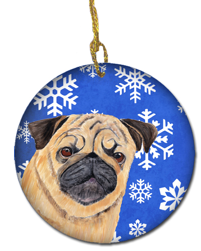 Pug Winter Snowflakes Holiday Ceramic Ornament