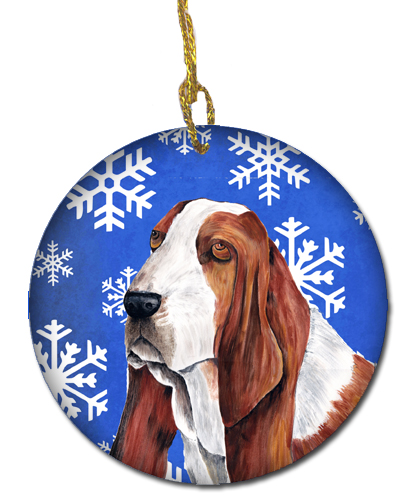 Basset Hound Winter Snowflakes Holiday Ceramic Ornament