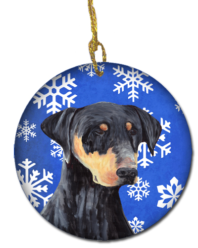 Doberman Winter Snowflakes Holiday Ceramic Ornament