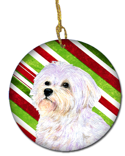 Maltese Candy Cane Holiday Christmas Ceramic Ornament