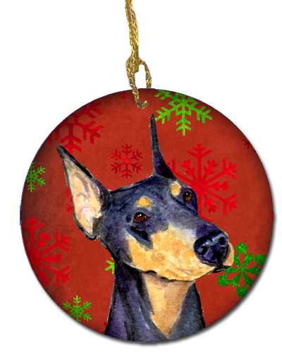 Doberman Red Snowflakes Holiday Christmas Ceramic Ornament