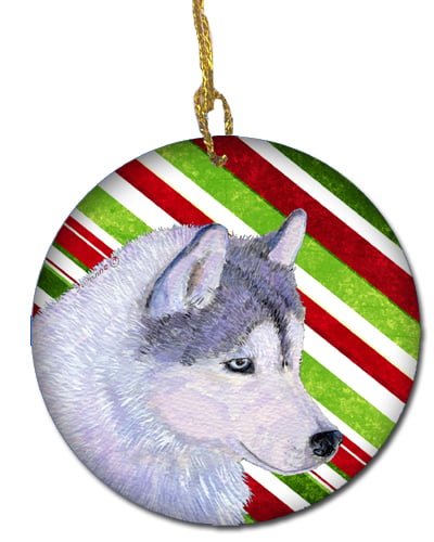 Siberian Husky Candy Cane Holiday Christmas Ceramic Ornament