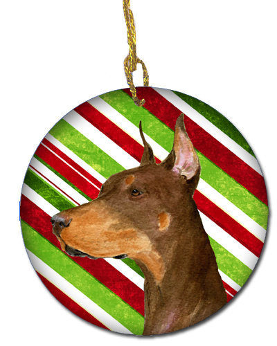 Doberman Candy Cane Holiday Christmas Ceramic Ornament