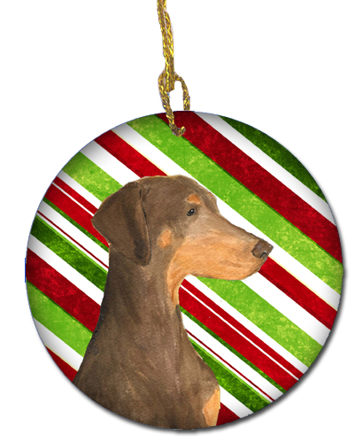 Doberman Candy Cane Holiday Christmas Ceramic Ornament