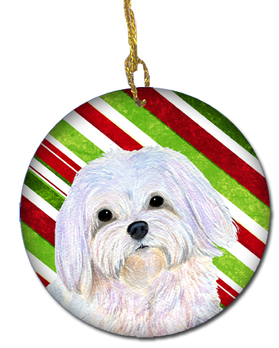 Maltese Candy Cane Holiday Christmas Ceramic Ornament