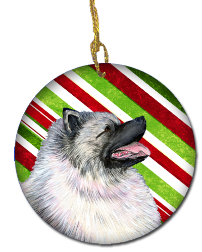 Keeshond Candy Cane Holiday Christmas Ceramic Ornament